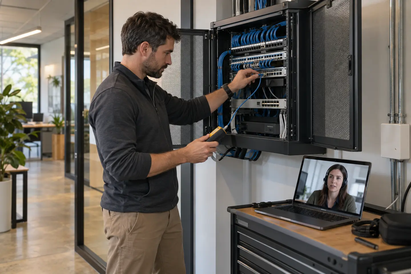 Onsite IT technician working with a remote technical team at a business location
