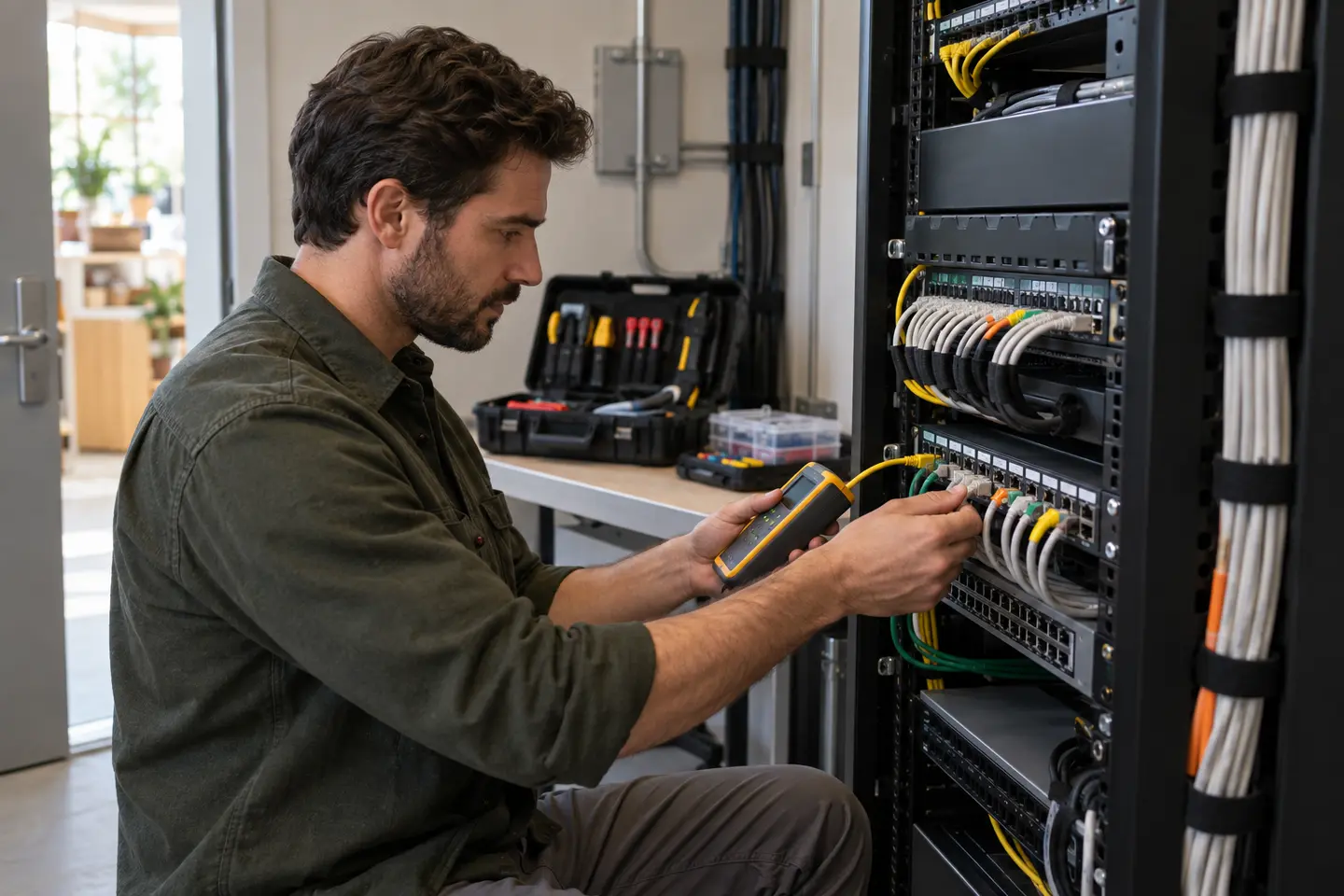 Professional onsite IT technician testing network equipment in a commercial communications room