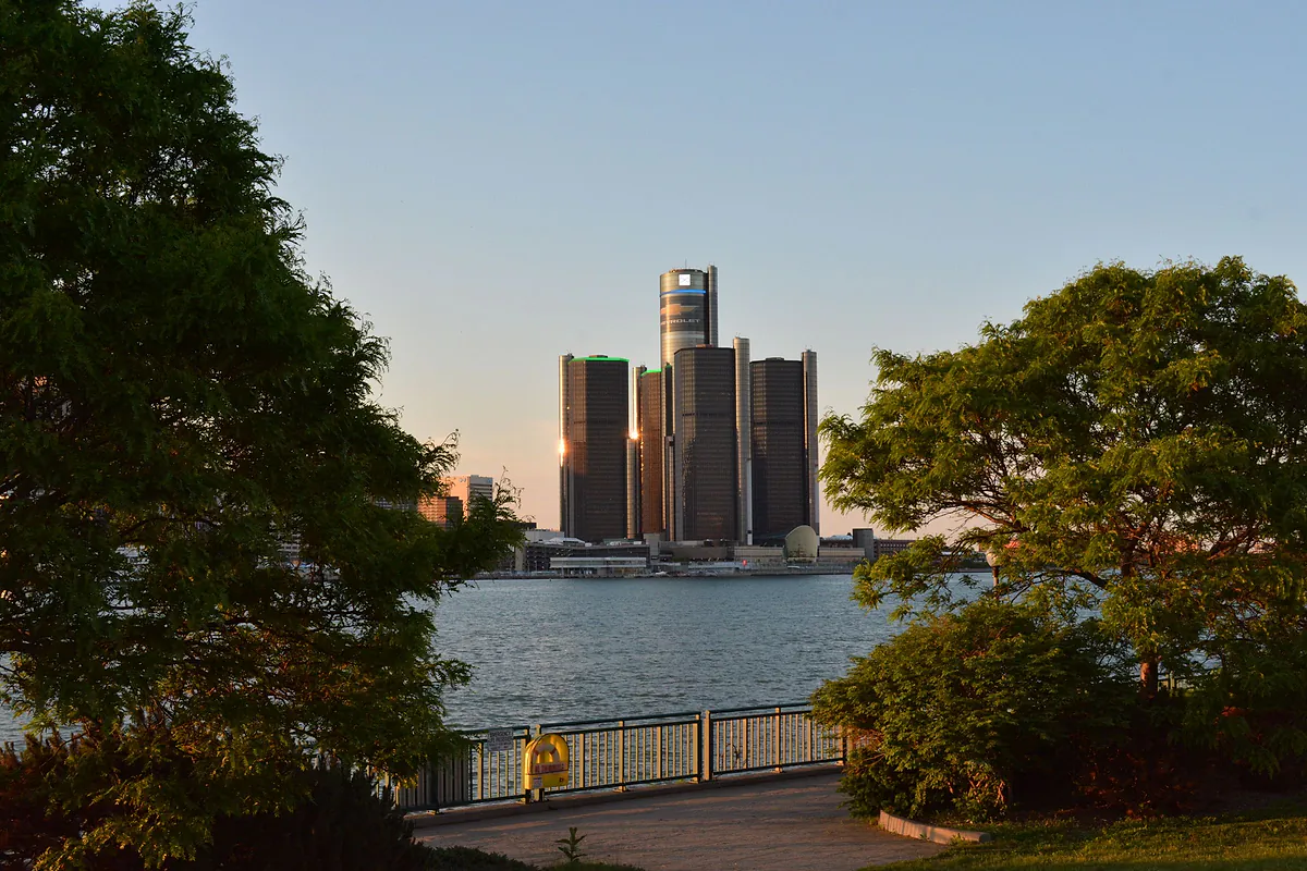 Detroit riverfront skyline and Renaissance Center at sunset