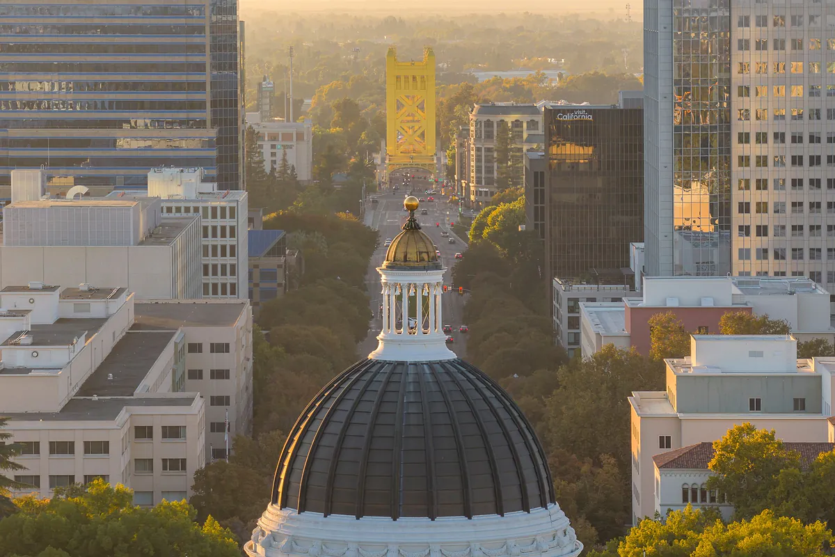 Sacramento skyline with the State Capitol and Tower Bridge