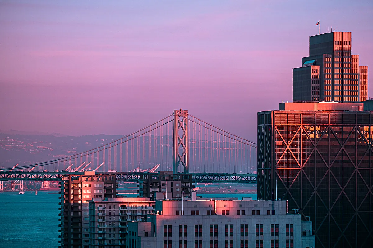 San Francisco skyline and Bay Bridge at sunset