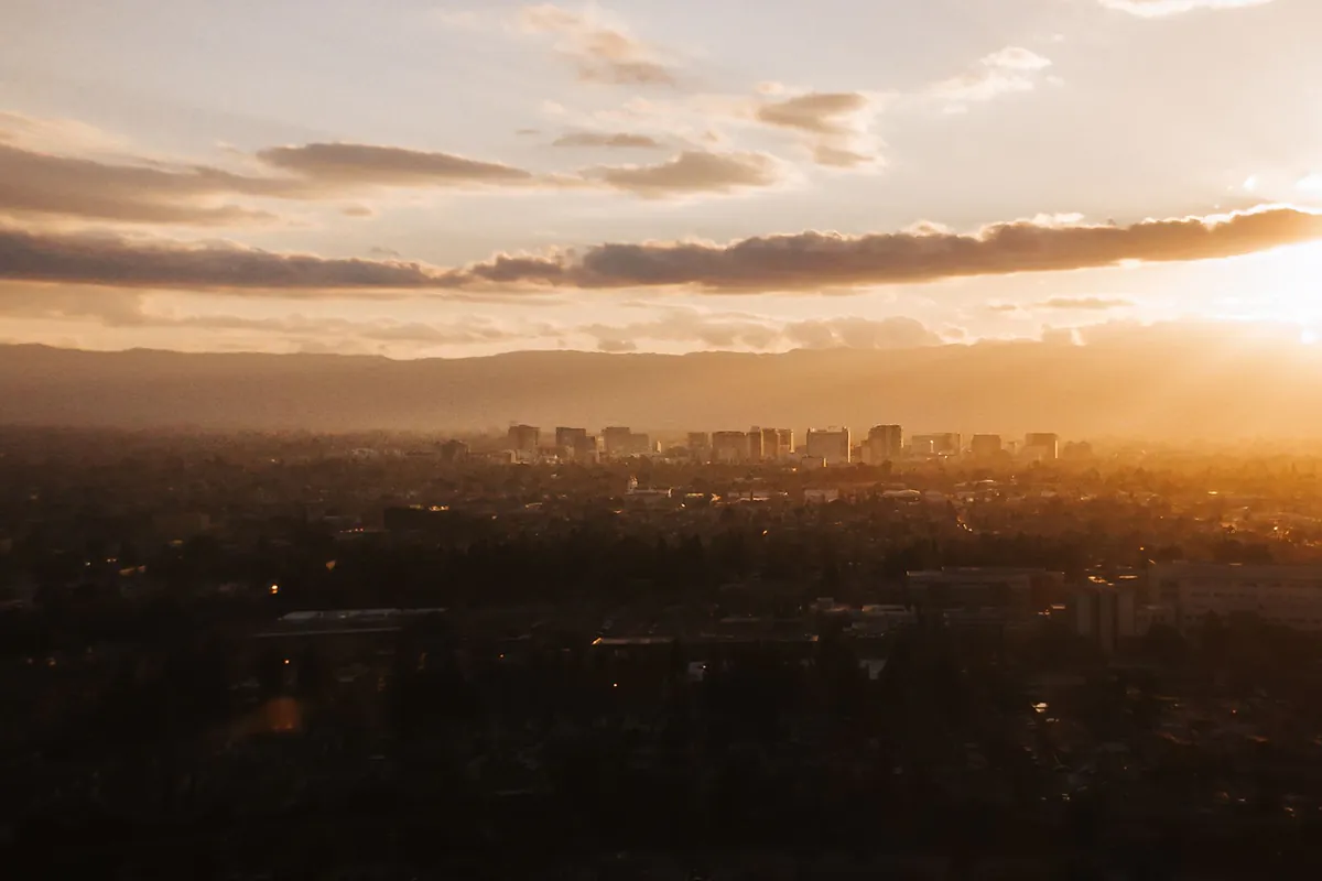 San Jose skyline and Santa Clara Valley at sunset