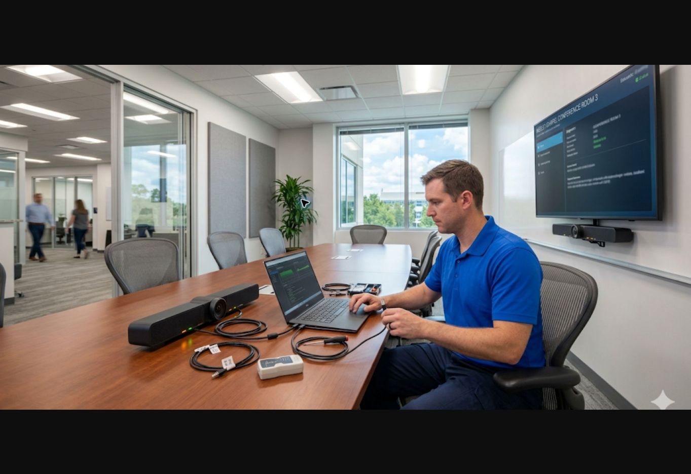 Cartennas technician setting up computers and network equipment in a corporate office