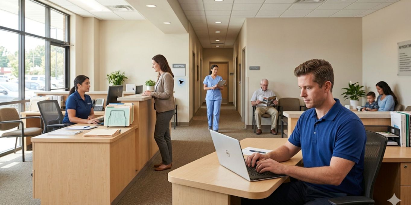Cartennas technician supporting workstation and network technology in a healthcare office
