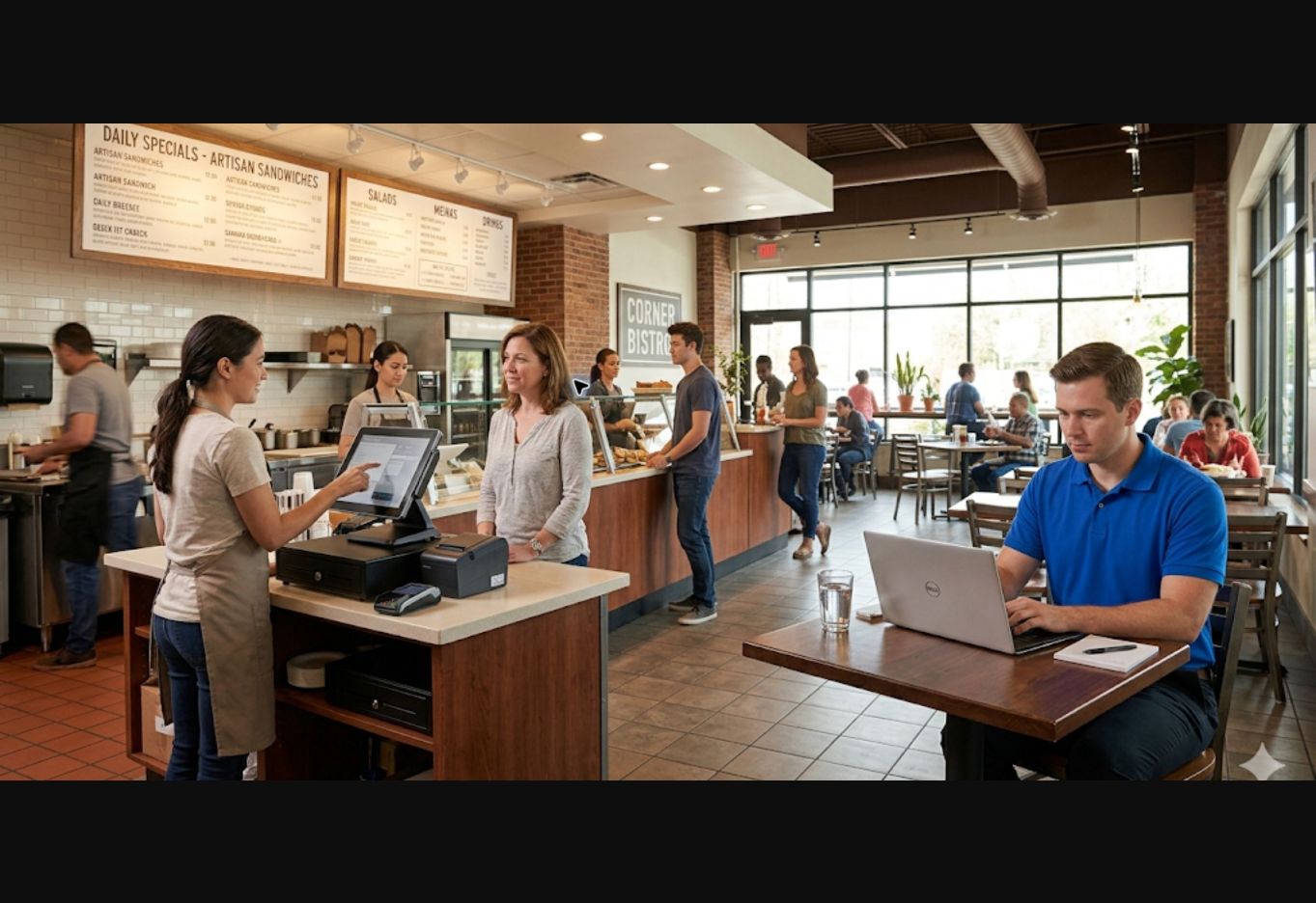 Cartennas technician supporting point-of-sale and network technology in a restaurant