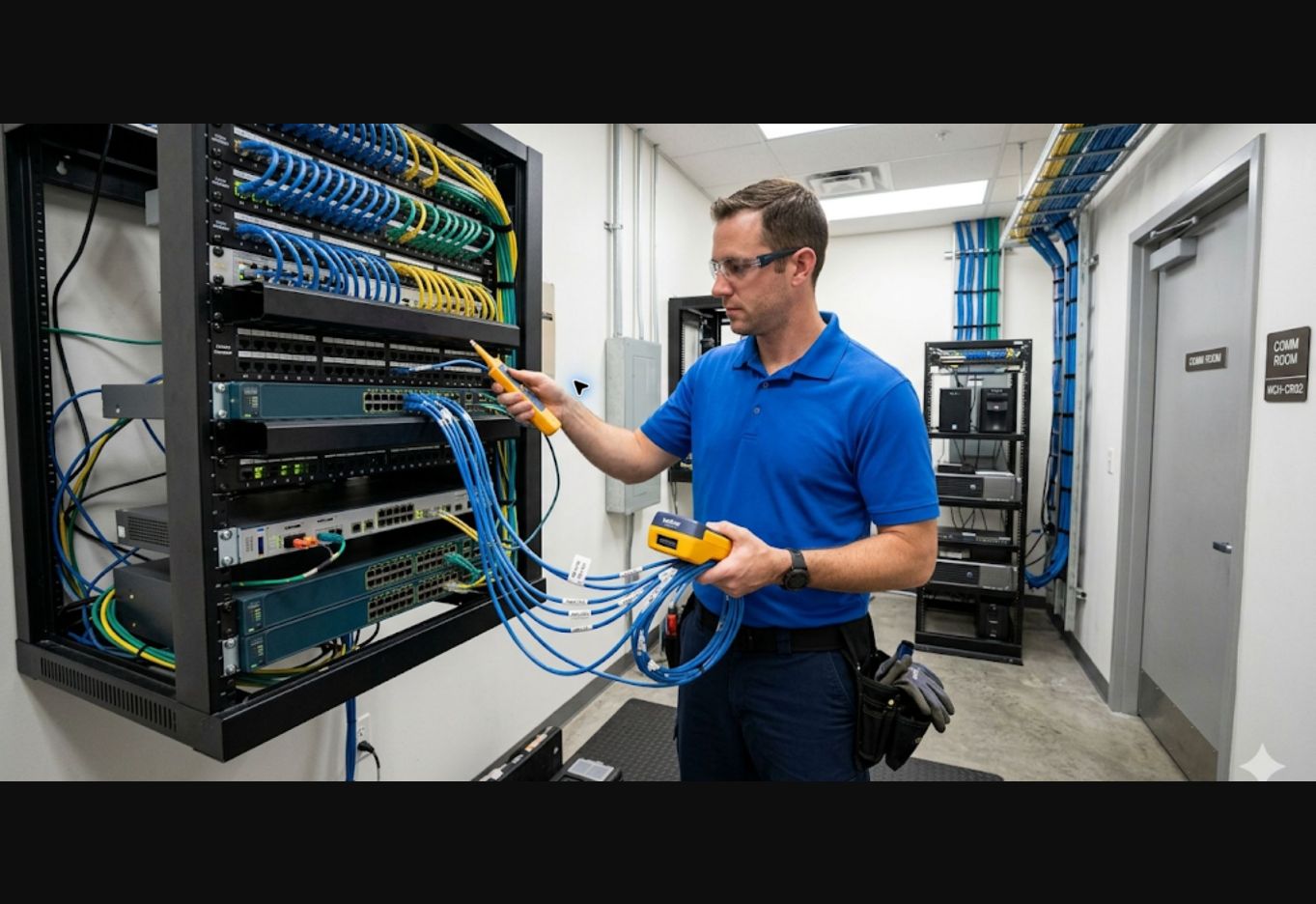 Cartennas technician supporting telecommunications and network equipment at a field site