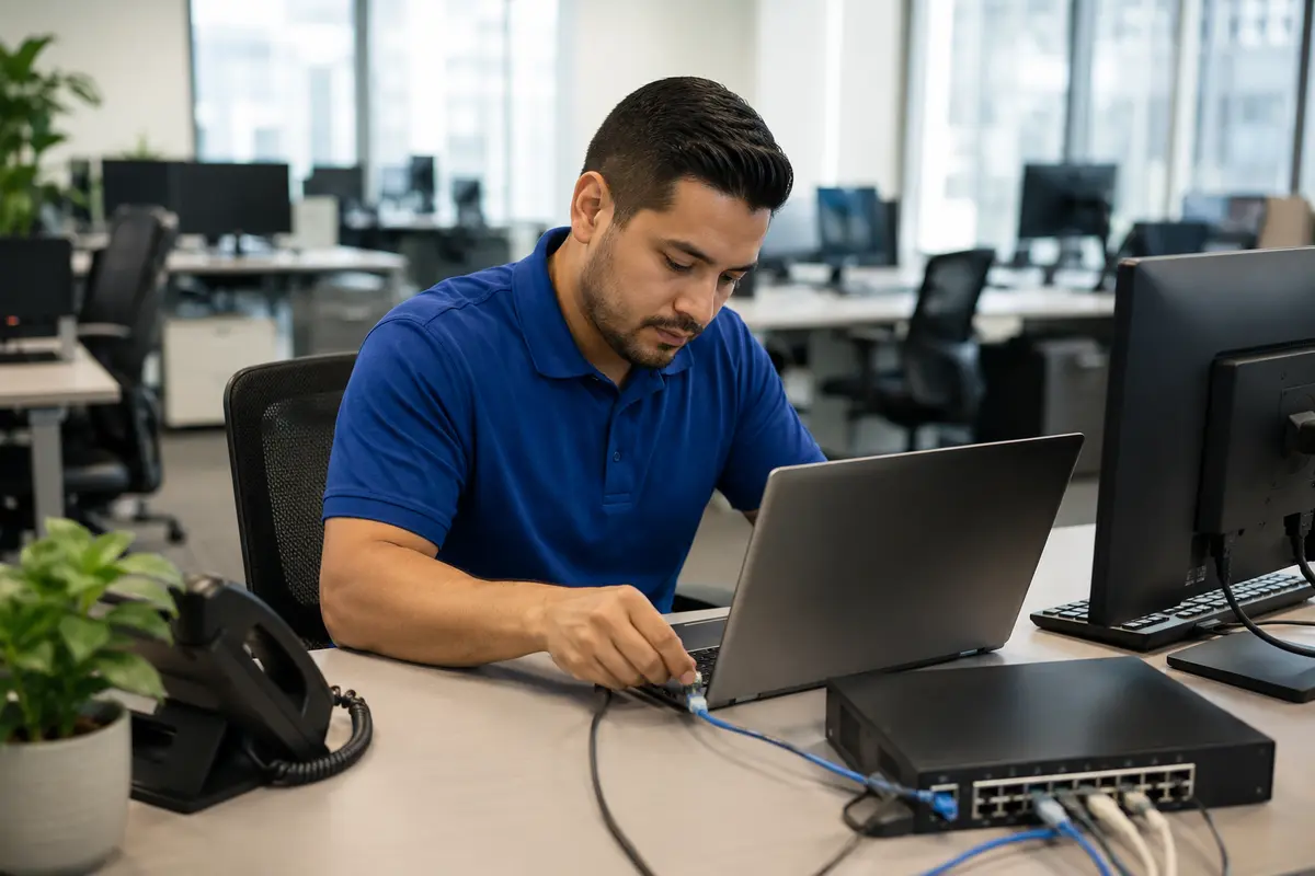 Onsite IT technician working in a business office
