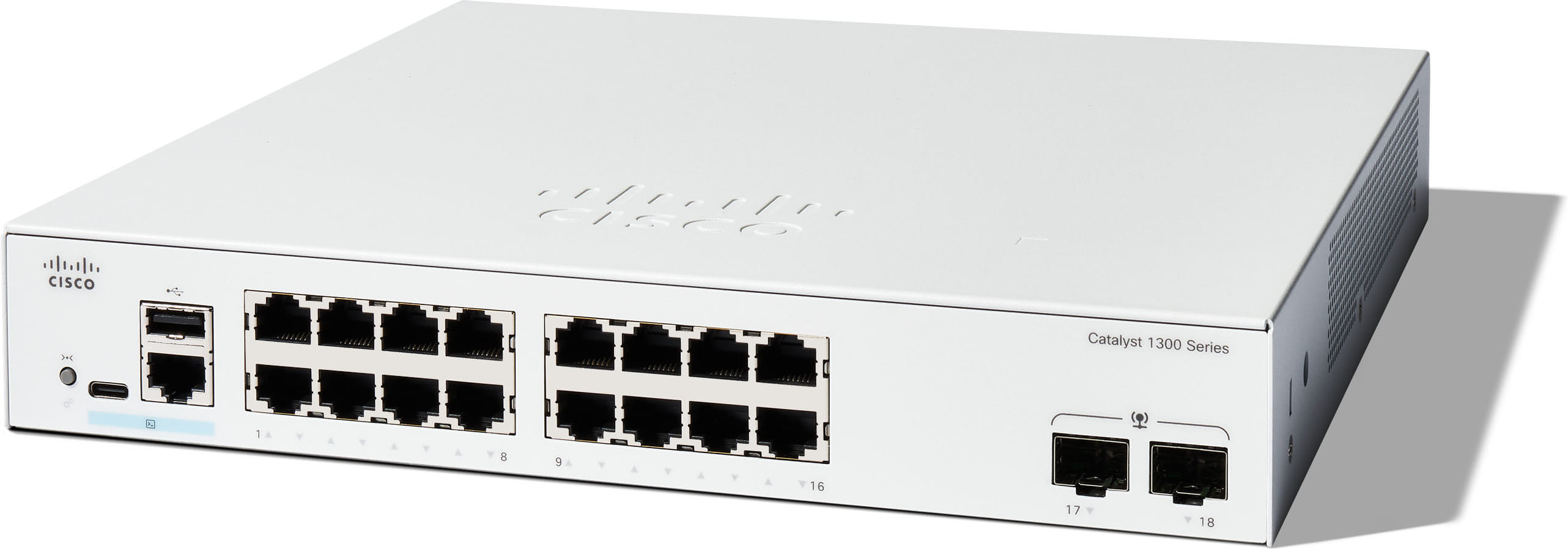 Cisco Catalyst C1300-16T-2G managed switch, three-quarter front view