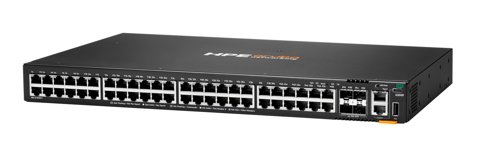 HPE Aruba Networking CX 6200F 48G 4SFP+ Switch JL726B, three-quarter front view