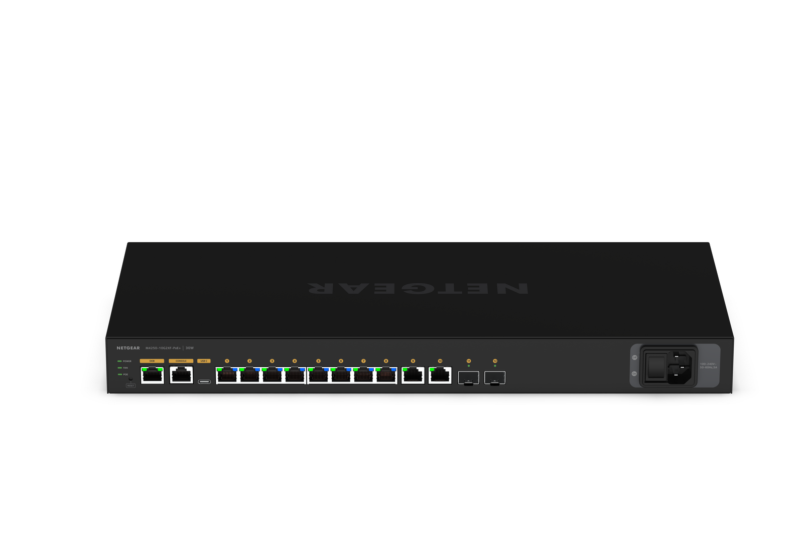 NETGEAR M4250-10G2XF-PoE+ GSM4212PX managed switch, three-quarter front view