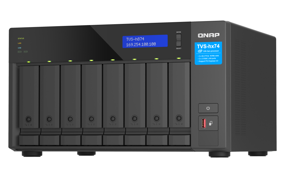 QNAP TVS-h874 eight-bay NAS, three-quarter front view