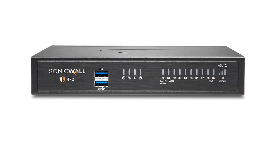 SonicWall TZ470 firewall, straight-on front view