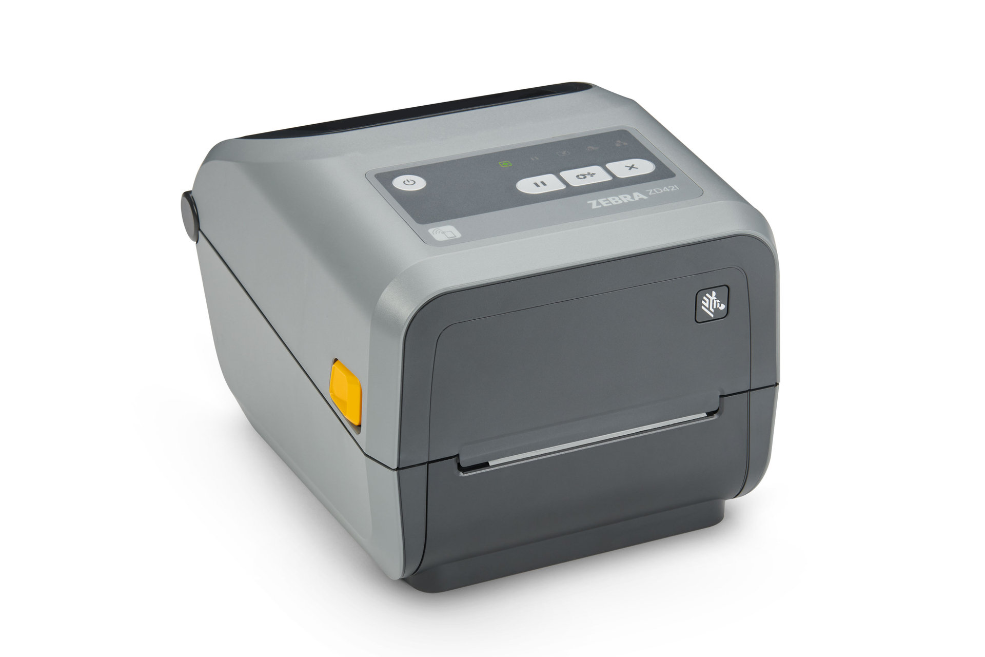 Zebra ZD421 desktop label printer, three-quarter front view